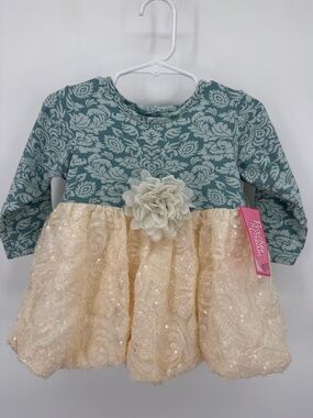 Baby Girl Long Sleeve Teal Floral and Cream Lace Bottom Dress Sz 24 Months